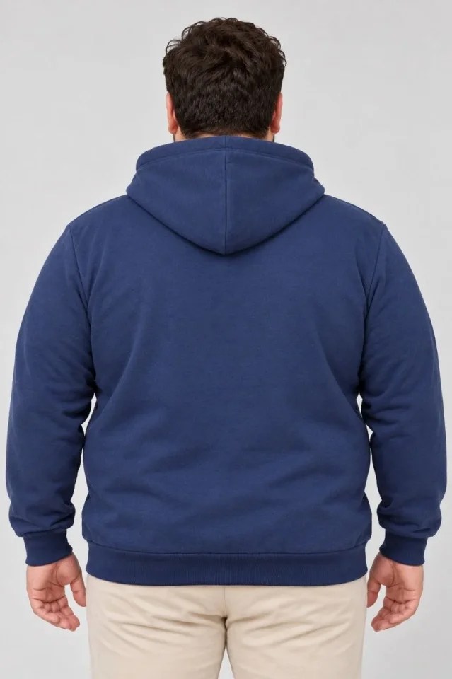 Erkek Battal Büyük Beden Üç İplik İçi Şardonlu Kapüşonlu Kanguru Cepli Kışlık Sweatshirt - Lacivert