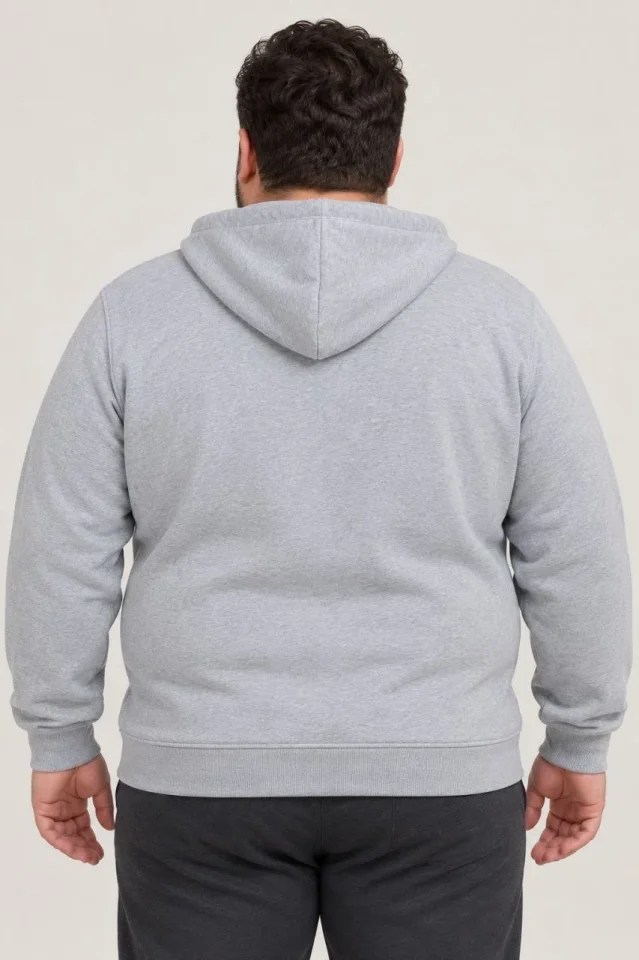 Erkek Battal Büyük Beden Üç İplik İçi Şardonlu Kapüşonlu Tam Fermuarlı Kışlık Sweatshirt - Gri