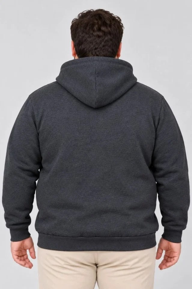 Erkek Battal Büyük Beden Üç İplik İçi Şardonlu Kapüşonlu Kanguru Cepli Kışlık Sweatshirt - Füme