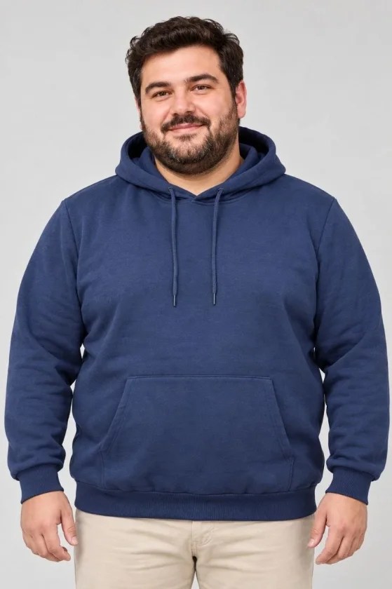Erkek Battal Büyük Beden Üç İplik İçi Şardonlu Kapüşonlu Kanguru Cepli Kışlık Sweatshirt - Lacivert