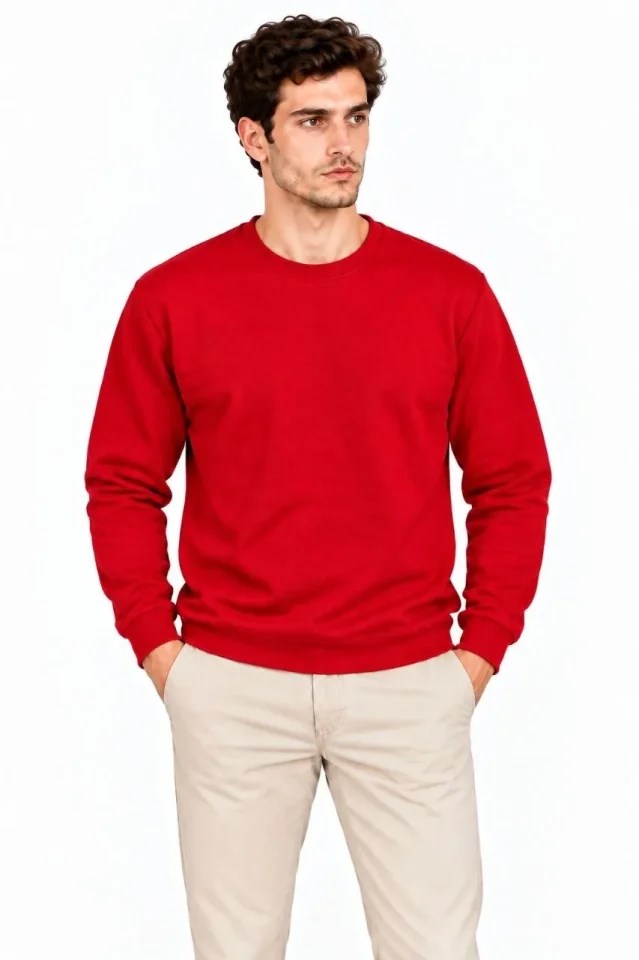 Erkek Bisiklet Yaka İçi Şardonlu 2 İplik Düz Uzun Kollu Regular Fit Sweatshirt - Kırmızı