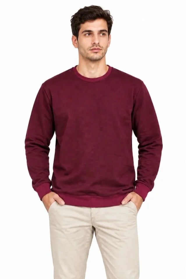 Erkek Bisiklet Yaka İçi Şardonlu 2 İplik Düz Uzun Kollu Regular Fit Sweatshirt -Bordo