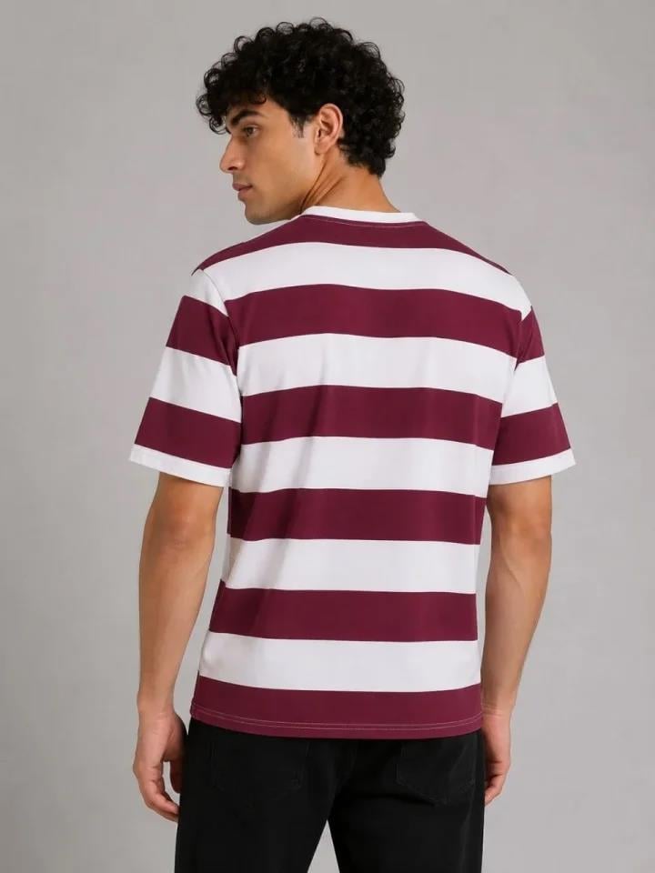 Erkek Çizgili Oversize Tişört Bisiklet Yaka Kısa Kol Yazlık T-Shirt - Bordo