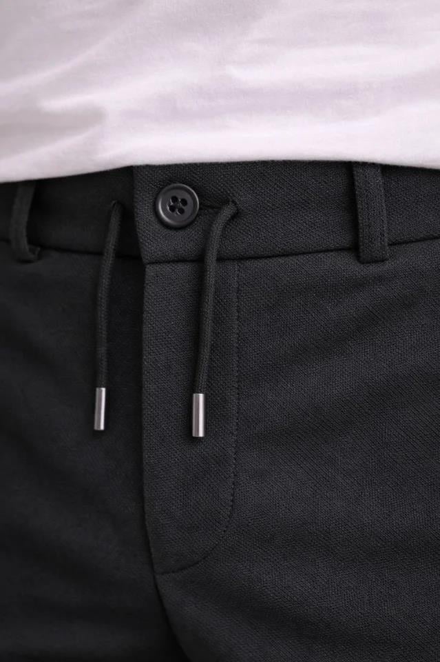 Erkek Diagonel Mikro Dokulu Duble Paça Cepli Pantolon Bağcıklı Bel, Modern Kesim - Siyah