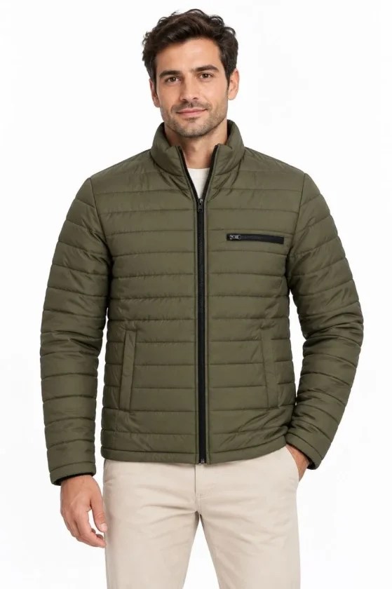 Erkek Dik Yaka Su İtici Şişme Kapitone Üç Cepli Mont Ceket - Haki