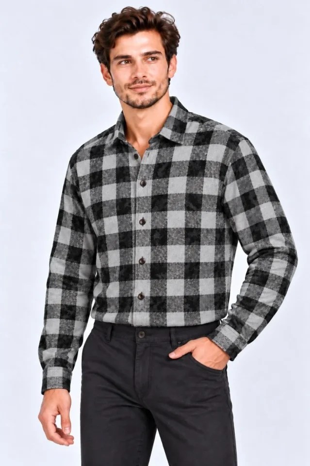 Erkek Ekose Kareli Batik Yıkamalı Şardonlu Uzun Kollu Regular Fit Oduncu Gömlek - Siyah