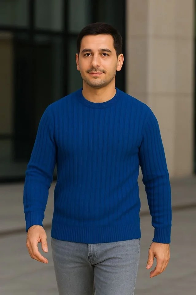 Erkek Fitilli Triko Bisiklet Yaka Kalın Kazak 3lü Set Beyaz-Saks Mavisi-Siyah