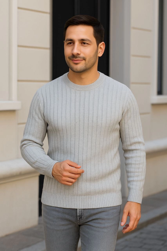 Erkek Fitilli Triko Kazak 2’li Set – Siyah - Gri, Kalın Dokuma Pamuklu Regular Fit Bisiklet Yaka Uzun Kollu Rahat Kışlık Kazak Kombini