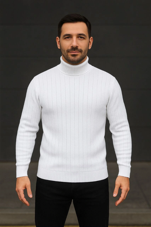 Erkek Fitilli Triko Kazak 3lÜ Set Beyaz Bordo Siyah Regular Balıkcı Yaka Tam Boğazlı Triko Seti Modeli Kazak