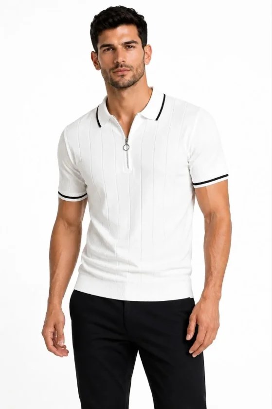Erkek Fitilli Triko T-shirt Polo Yaka Yarım Fermuarlı Kısa Kollu Tişört - Beyaz
