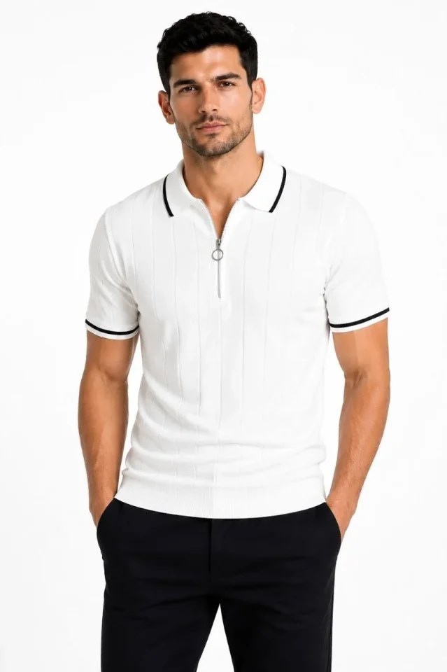 Erkek Fitilli Triko T-shirt Polo Yaka Yarım Fermuarlı Kısa Kollu Tişört - Beyaz