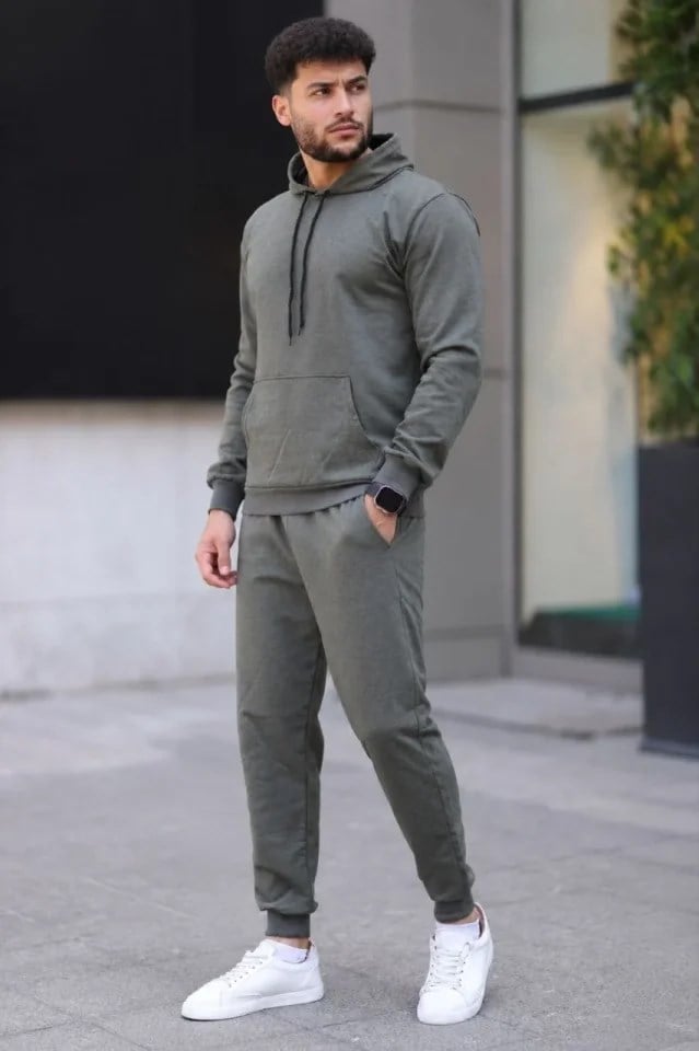 Erkek İki İplik Kapüşonlu Kanguru Cepli Sweatshirt Jogger Pantolon Alt Üst Eşofman Takımı - Haki