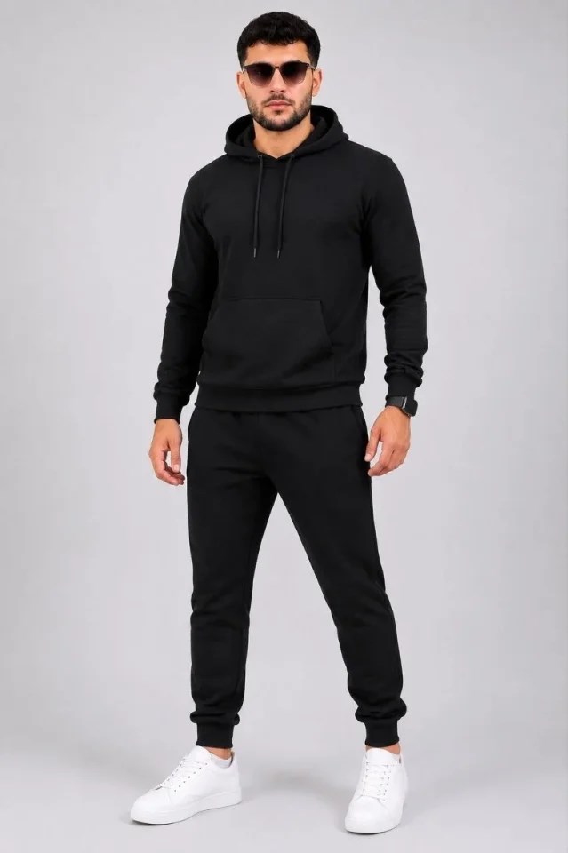 Erkek İki İplik Kapüşonlu Kanguru Cepli Sweatshirt Jogger Pantolon Alt Üst Eşofman Takımı -Siyah
