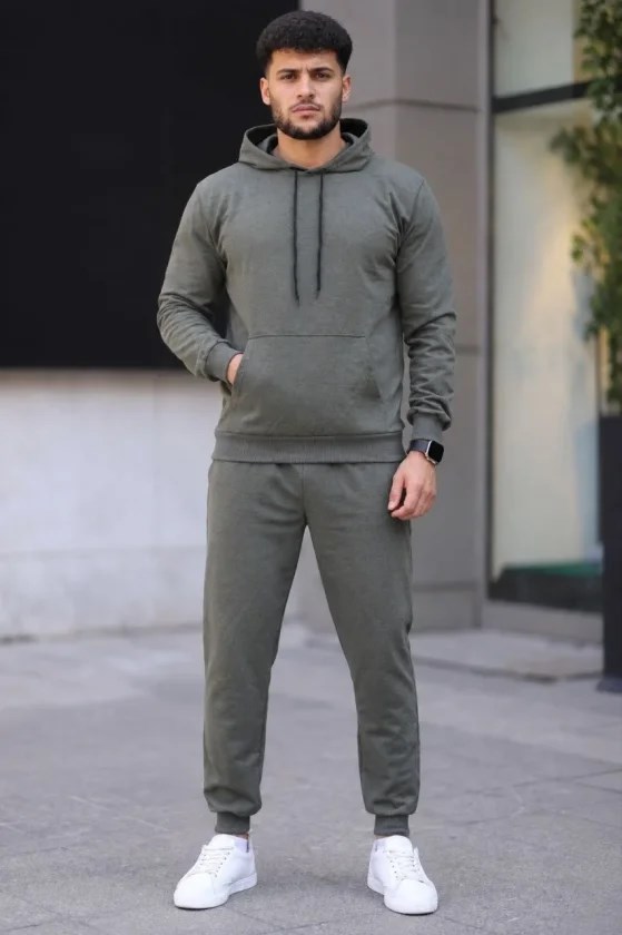 Erkek İki İplik Kapüşonlu Kanguru Cepli Sweatshirt Jogger Pantolon Alt Üst Eşofman Takımı - Haki