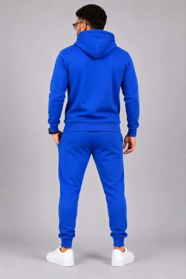 Erkek İki İplik Kapüşonlu Kanguru Cepli Sweatshirt Jogger Pantolon Alt Üst Eşofman Takımı -Saks Mavisi
