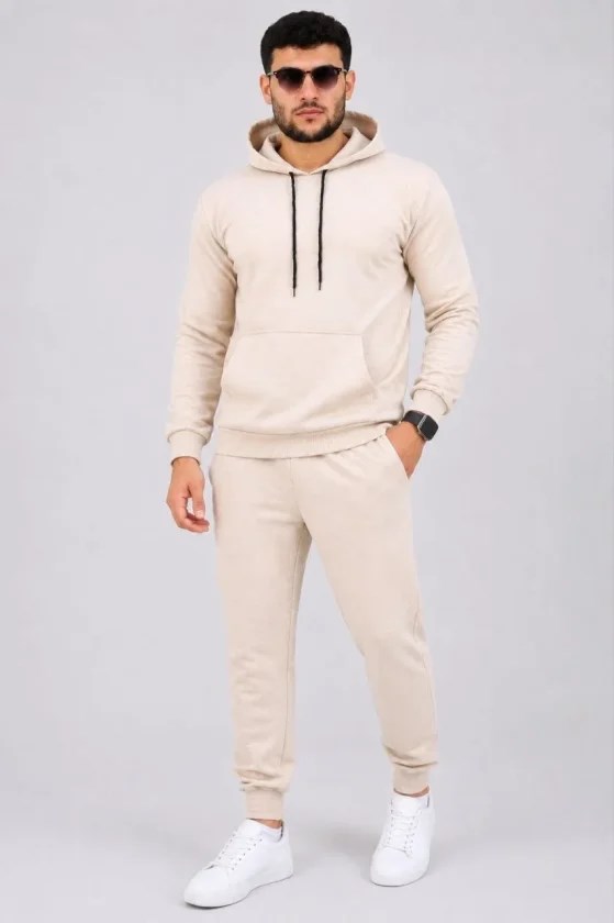 Erkek İki İplik Kapüşonlu Kanguru Cepli Sweatshirt Jogger Pantolon Alt Üst Eşofman Takımı -Bej