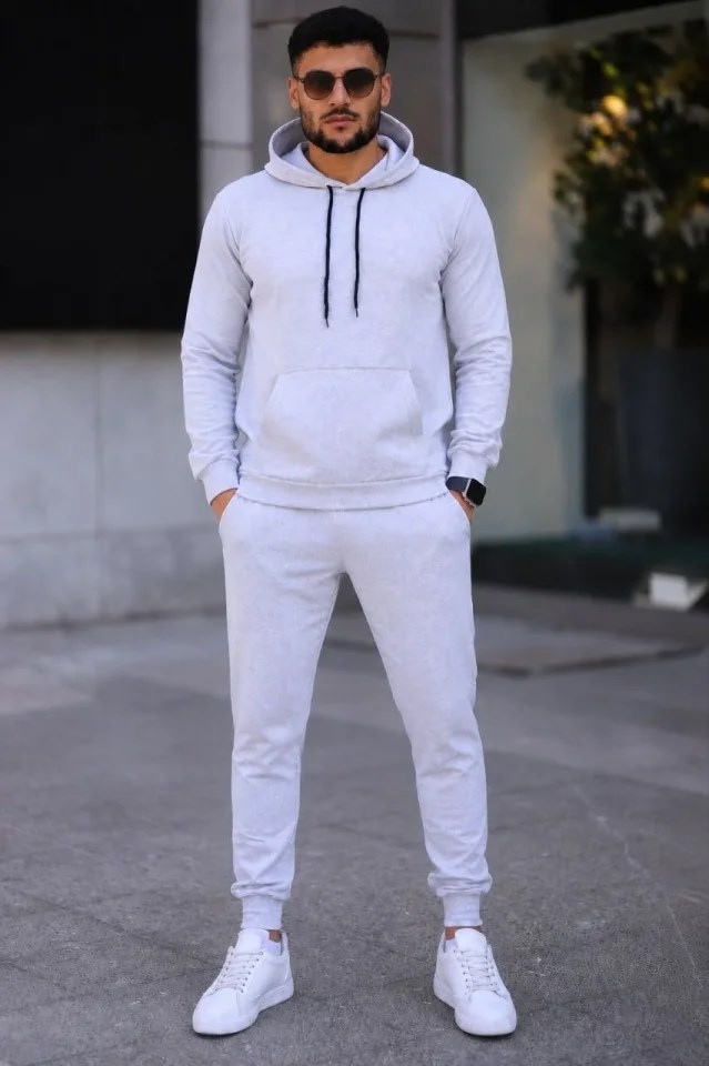 Erkek İki İplik Kapüşonlu Kanguru Cepli Sweatshirt Jogger Pantolon Alt Üst Eşofman Takımı -Beyaz