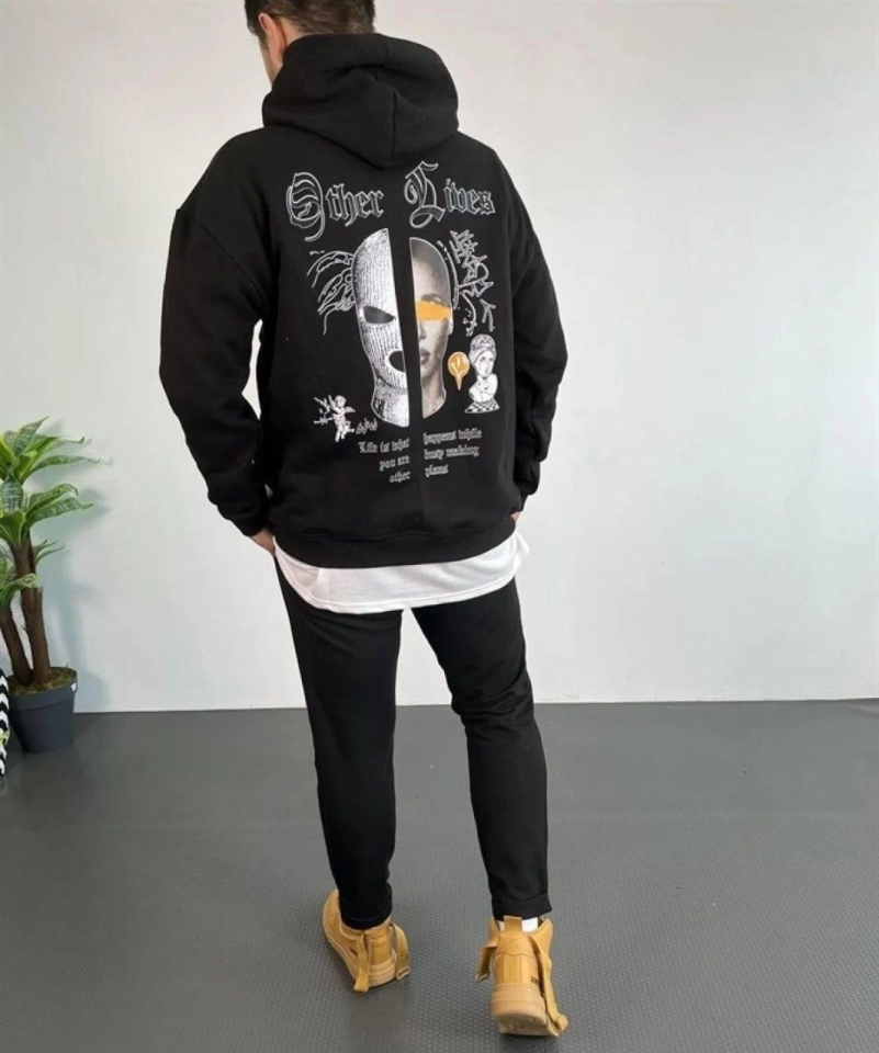 Erkek Kapşonlu Sweatshirt – Oversize Üç İplik Şardonlu Hoodie, “Other Lives” Ön - Arka Baskılı, Kanguru Cepli, Kışlık Rahat Günlük Stil - Siyah