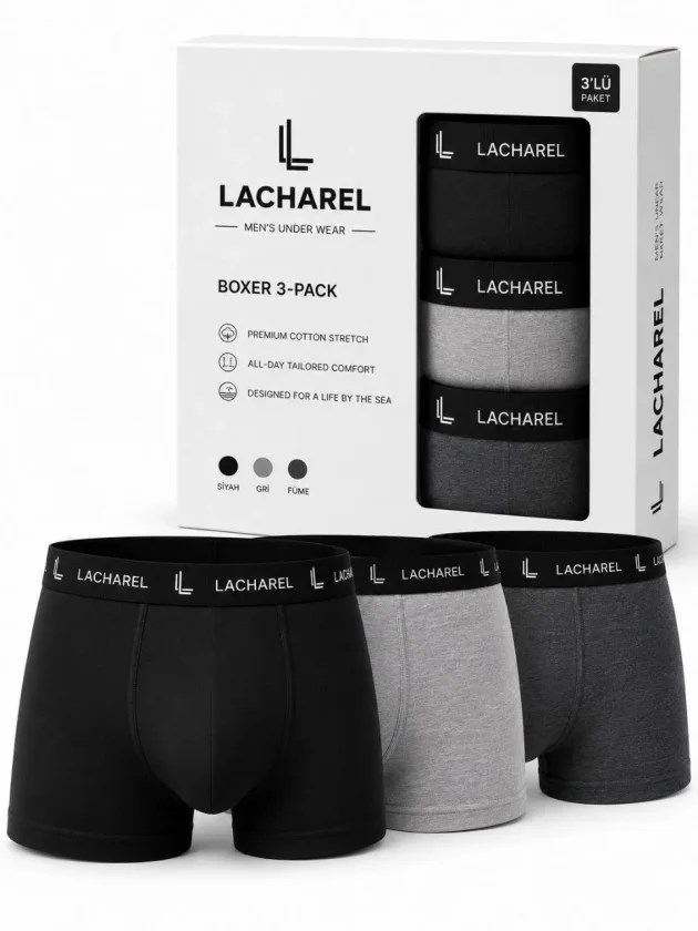 Erkek Likralı Pamuklu Nefes Alan Penye Boxer 3lü Paket - Siyah - Gri - Füme