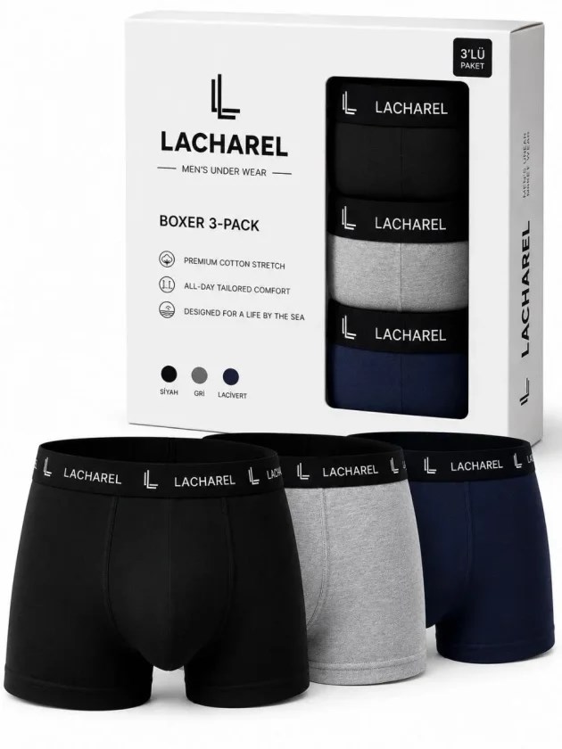 Erkek Likralı Pamuklu Nefes Alan Penye Boxer 3lü Paket - Siyah - Gri - Lacivert