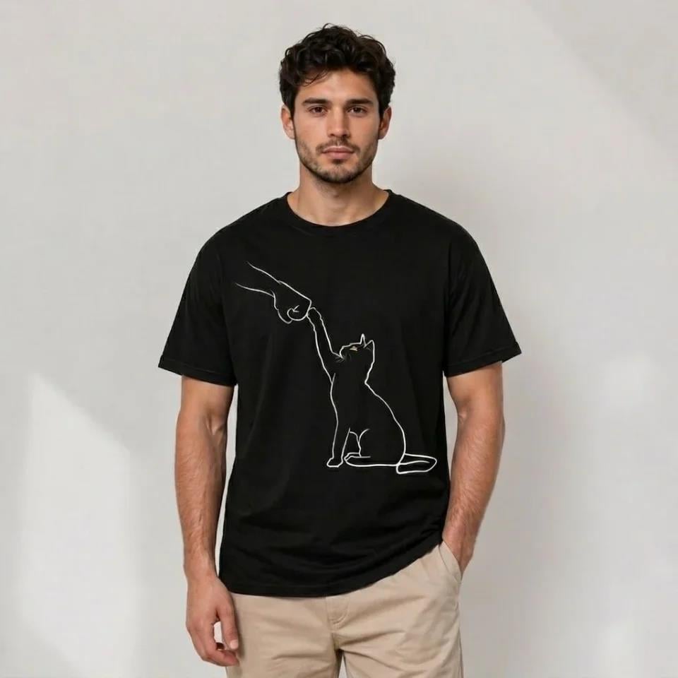 Erkek Minimal Kedi Çizim Baskılı Tişört Kısa Kol Yazlık T-Shirt - Siyah