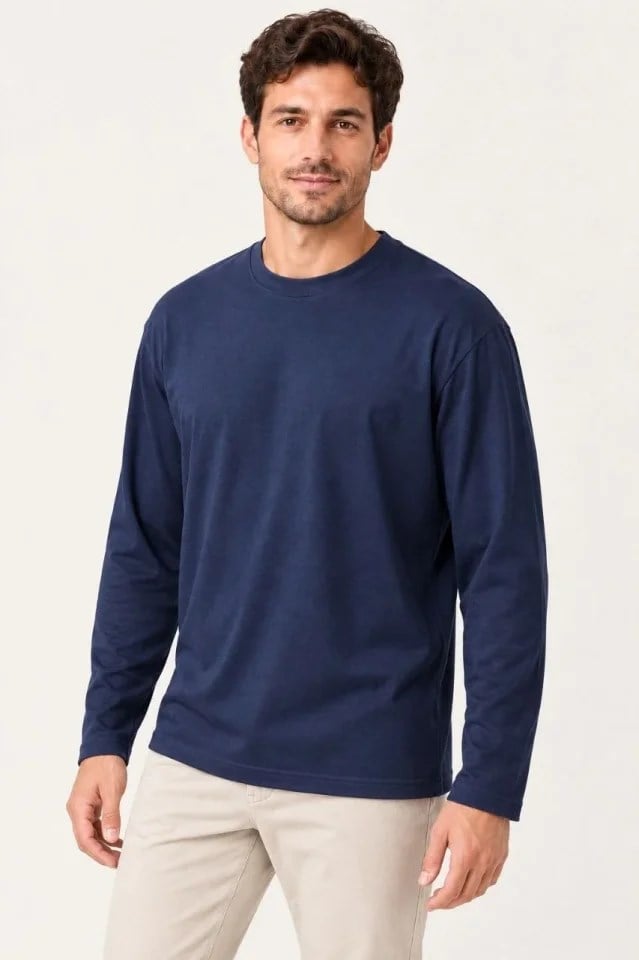 Erkek Modal Yumuşak Dokulu Bisiklet Yaka Uzun Kollu Tişört Sweatshirt - Lacivert