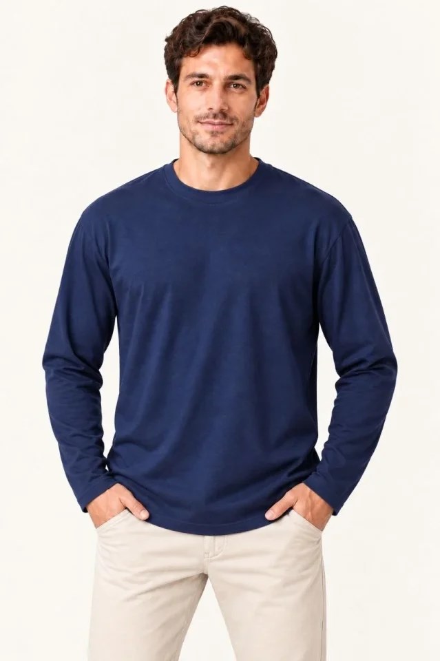 Erkek Modal Yumuşak Dokulu Bisiklet Yaka Uzun Kollu Tişört Sweatshirt - Lacivert