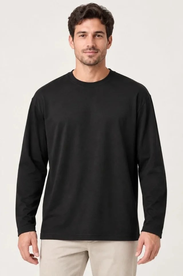 Erkek Modal Yumuşak Dokulu Bisiklet Yaka Uzun Kollu Tişört Sweatshirt - Siyah