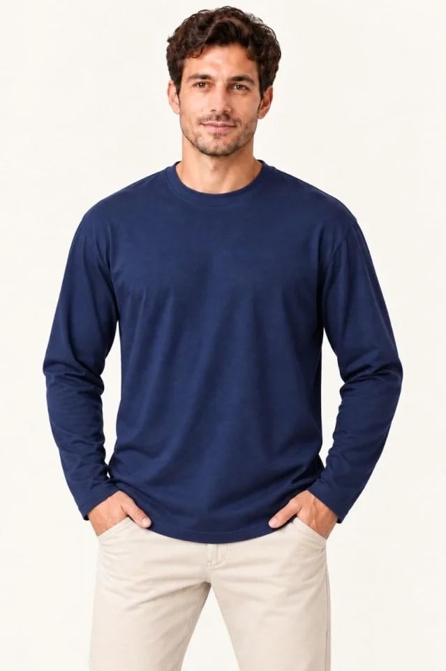 Erkek Modal Yumuşak Dokulu Bisiklet Yaka Uzun Kollu Tişört Sweatshirt - Lacivert