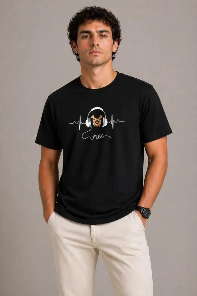 Erkek Müzik Temalı Baskılı Tişört Bisiklet Yaka Kısa Kol T-Shirt - Siyah