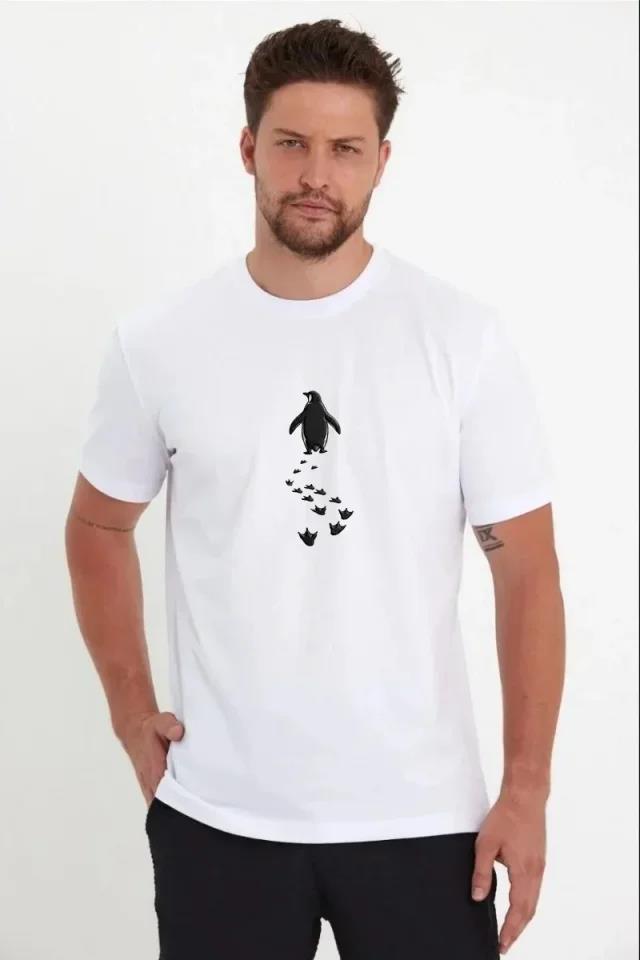 Erkek Nihilist Penguen Temalı Oversize Bisiklet Yaka Tişört - Beyaz