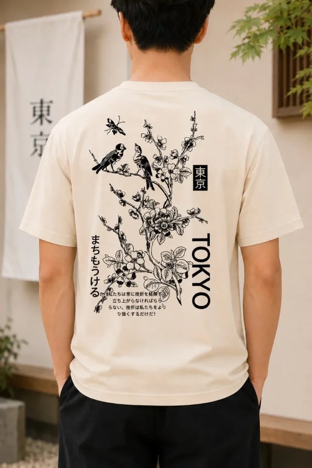 Erkek Ön Ve Arka Tokyo Kuş Çiçek Baskılı Oversize T-Shirt - Ekru