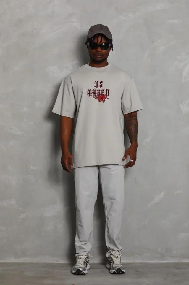 ERKEK Oversize Baskılı Bisiklet Yaka T-Shirt - Gri