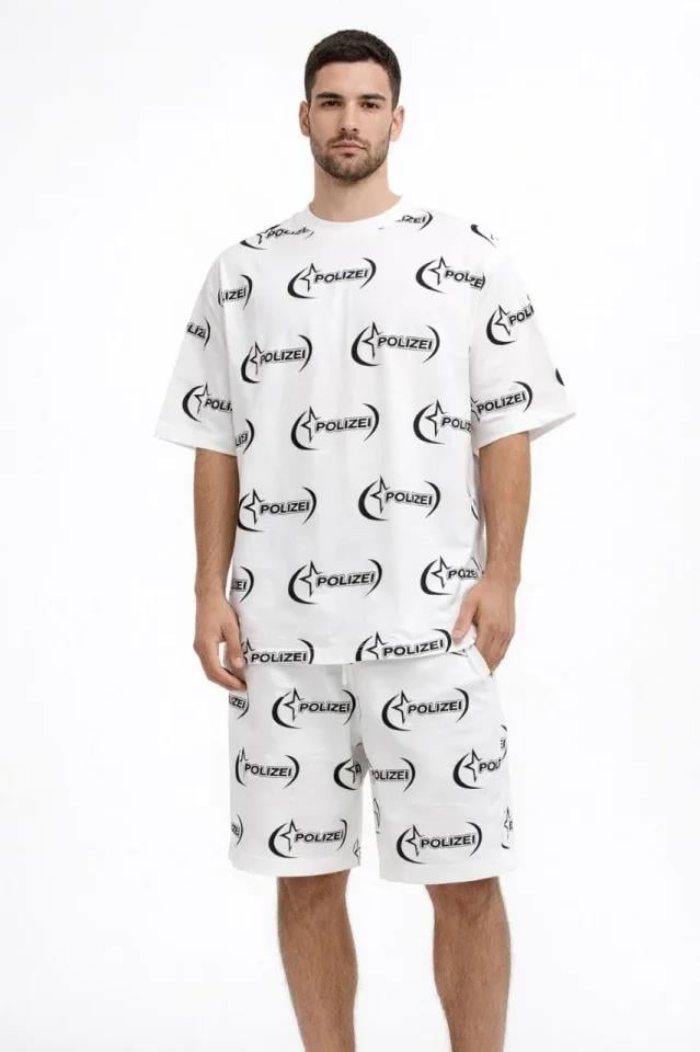 Erkek Oversize Ön Ve Arka Baskılı Tişört Şort Takım Rahat Kalıp Yazlık Günlük Kombin - Beyaz