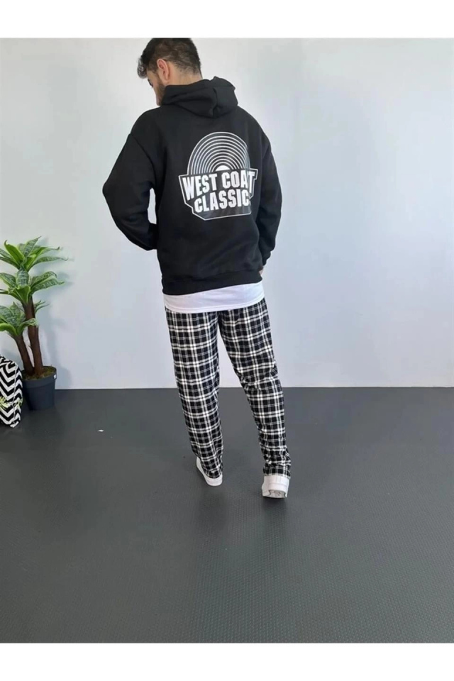 Erkek Oversize Üç İplik Kapüşonlu Sweatshirt – Siyah Sırt Ve Ön Baskılı, Kanguru Cepli, Rahat Kalıp, İçi Pamuklu ModeL-Siyah