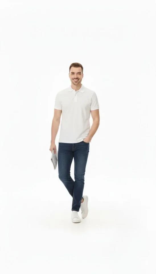 Erkek Pike Kumaş Düğmeli Yaka Regular Fit Günlük Kısa Kol Tişört T-shirt - Beyaz