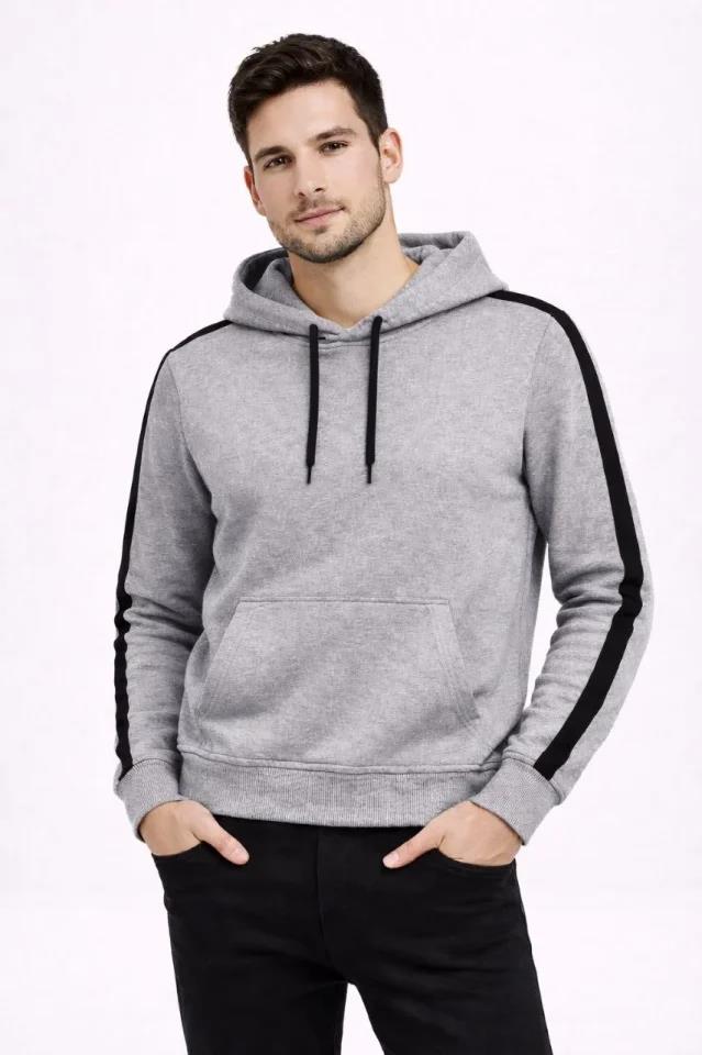 Erkek Şeritli Kapüşonlu Sweatshirt Oversize 3 Iplik Pamuklu - Gri