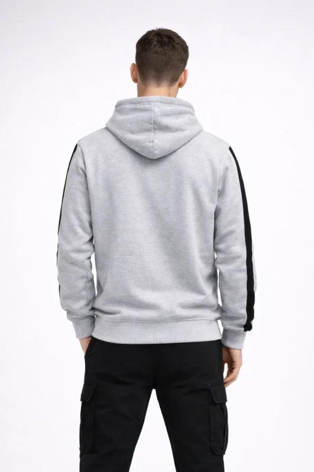 Erkek Şeritli Kapüşonlu Sweatshirt Oversize 3 Iplik Pamuklu - Beyaz