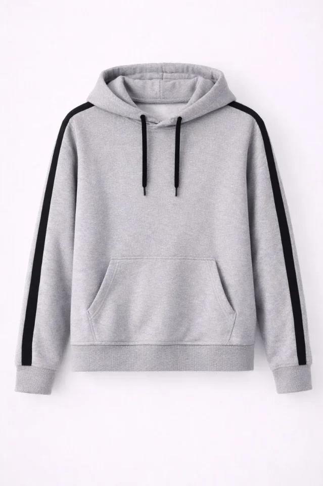 Erkek Şeritli Kapüşonlu Sweatshirt Oversize 3 Iplik Pamuklu - Gri