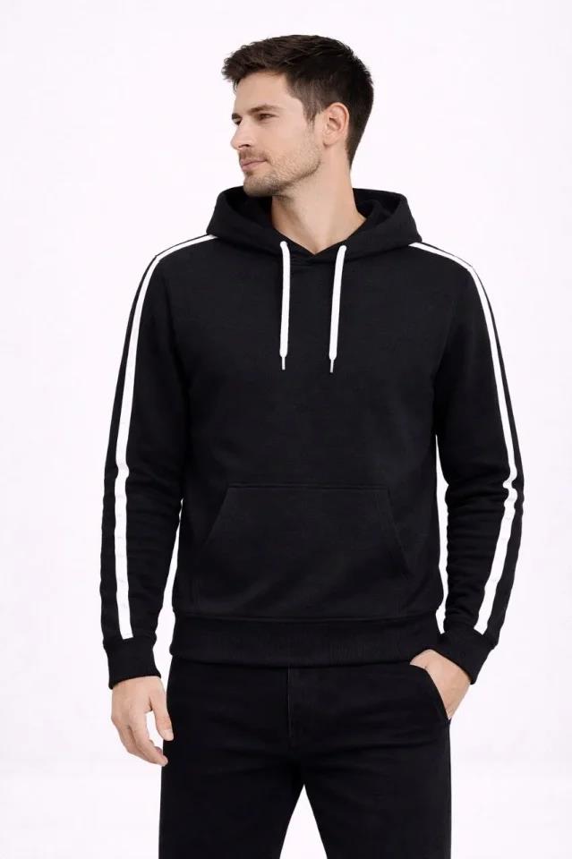 Erkek Şeritli Kapüşonlu Sweatshirt Oversize 3 Iplik Pamuklu - Siyah