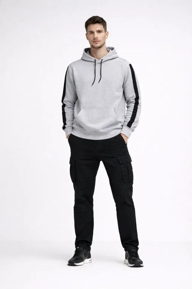 Erkek Şeritli Kapüşonlu Sweatshirt Oversize 3 Iplik Pamuklu - Beyaz