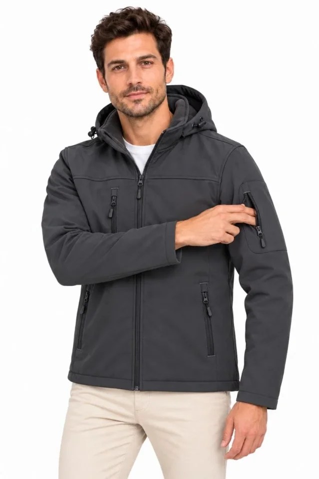 Erkek Su Geçirmez Softshell İçi Polar Astarlı Çıkarılabilir Kapüşonlu 4 Cepli Mont Ceket - Füme