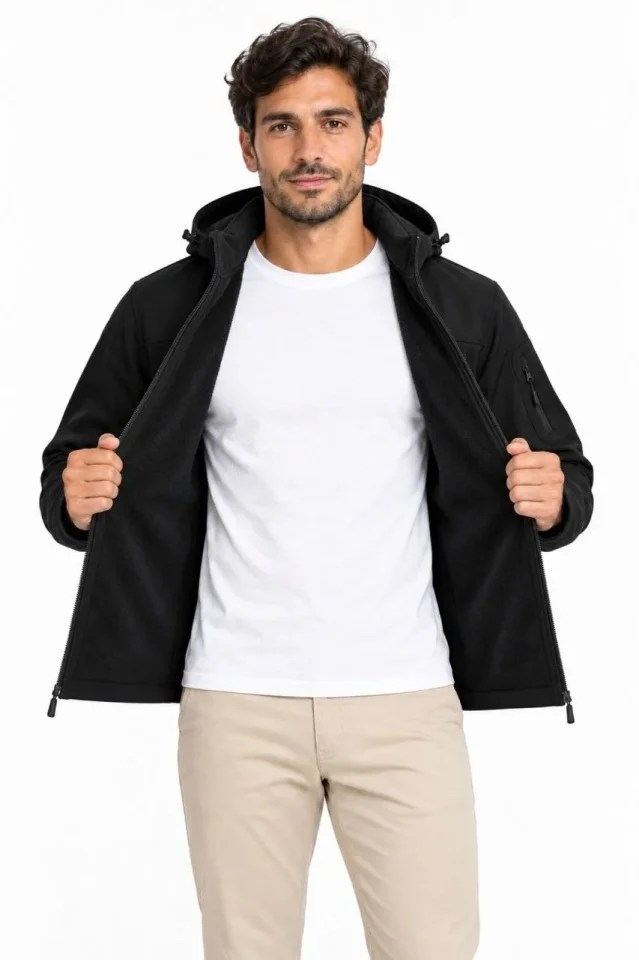 Erkek Su Geçirmez Softshell İçi Polar Astarlı Çıkarılabilir Kapüşonlu 4 Cepli Mont Ceket - Siyah