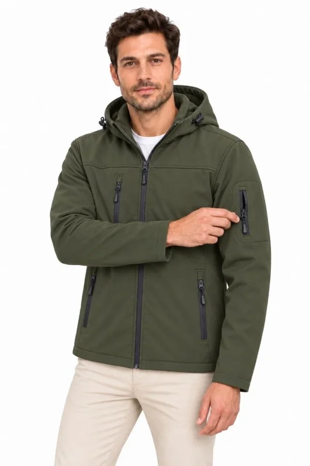 Erkek Su Geçirmez Softshell İçi Polar Astarlı Çıkarılabilir Kapüşonlu 4 Cepli Mont Ceket - Haki
