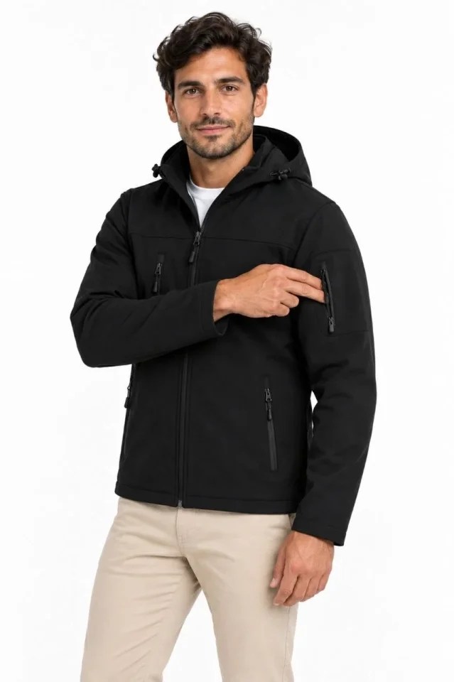 Erkek Su Geçirmez Softshell İçi Polar Astarlı Çıkarılabilir Kapüşonlu 4 Cepli Mont Ceket - Siyah