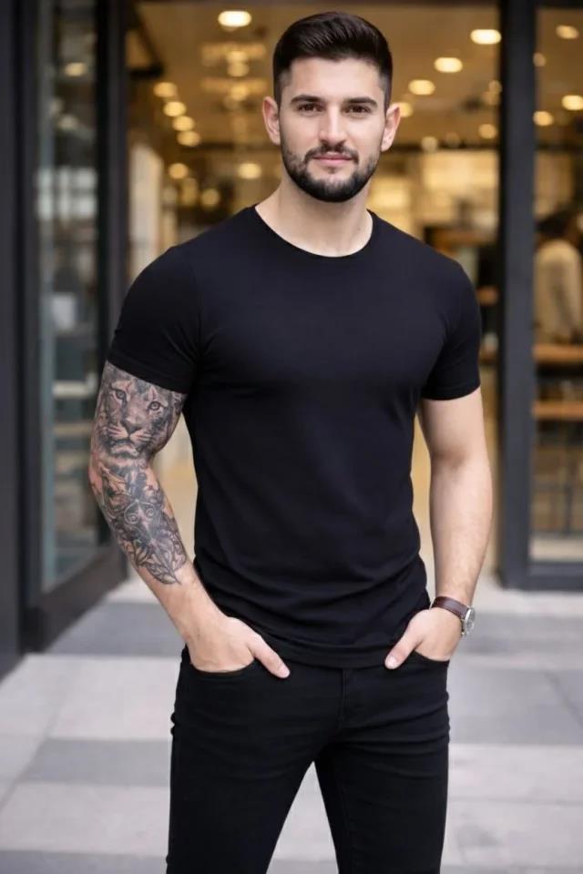 Erkek T-Shirt Bisiklet Yaka Slim Fit Dar Kesim Likralı Tişört Günlük Basic Body - Siyah