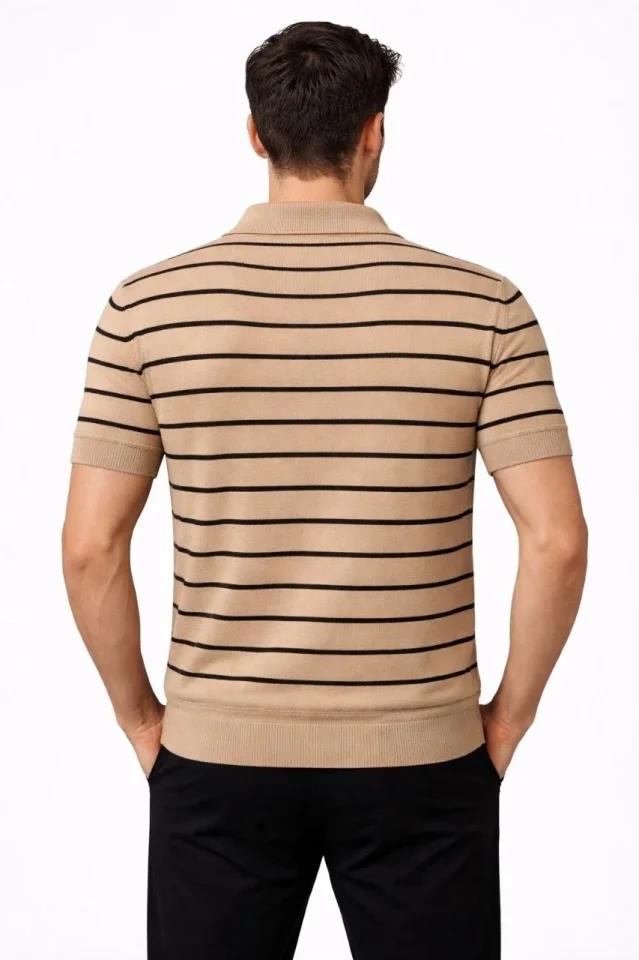 Erkek Triko Polo Yaka Fermuarlı Çizgili Tişört T-Shirt Yazlık Şık - Kahverengi