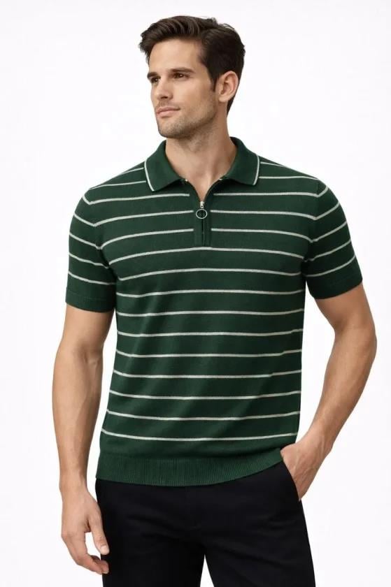 Erkek Triko Polo Yaka Fermuarlı Çizgili Tişört T-Shirt Yazlık Şık - Yeşil