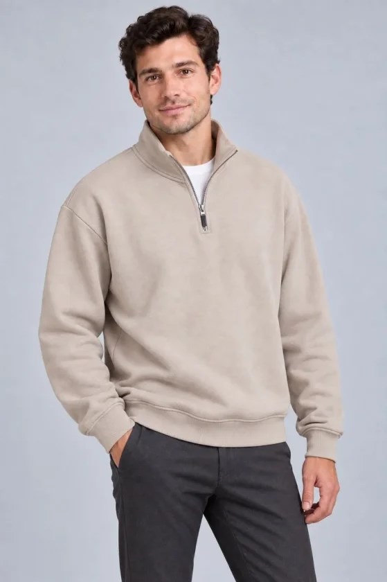 Erkek Üç İplik İçi Şardonlu Dik Yaka Yarım Fermuarlı Kışlık Sweatshirt - Bej