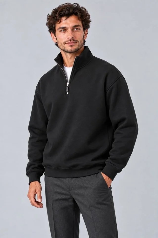 Erkek Üç İplik İçi Şardonlu Dik Yaka Yarım Fermuarlı Kışlık Sweatshirt - Siyah